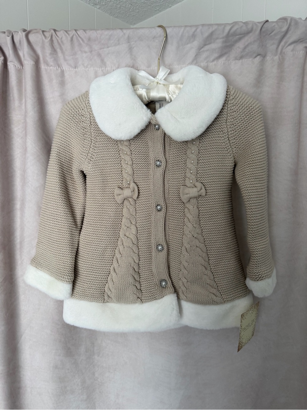 Girls' Cream Knit Coat with Faux Fur Trim 4t & 5t Bundle